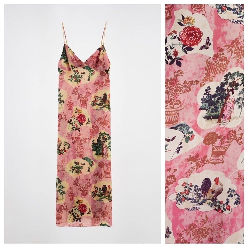 NWT. Zara Pink Printed Midi Dress with V-neckline. Size S. - Picture 7 of 11